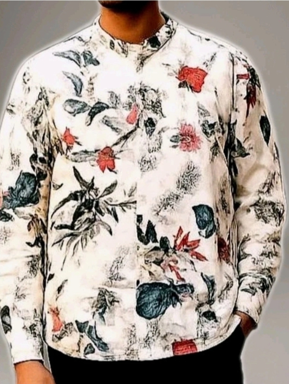 Coofandy Shirt Roll Sleeve Cotton Hemp Colorful Floral Quarter Button-down XL